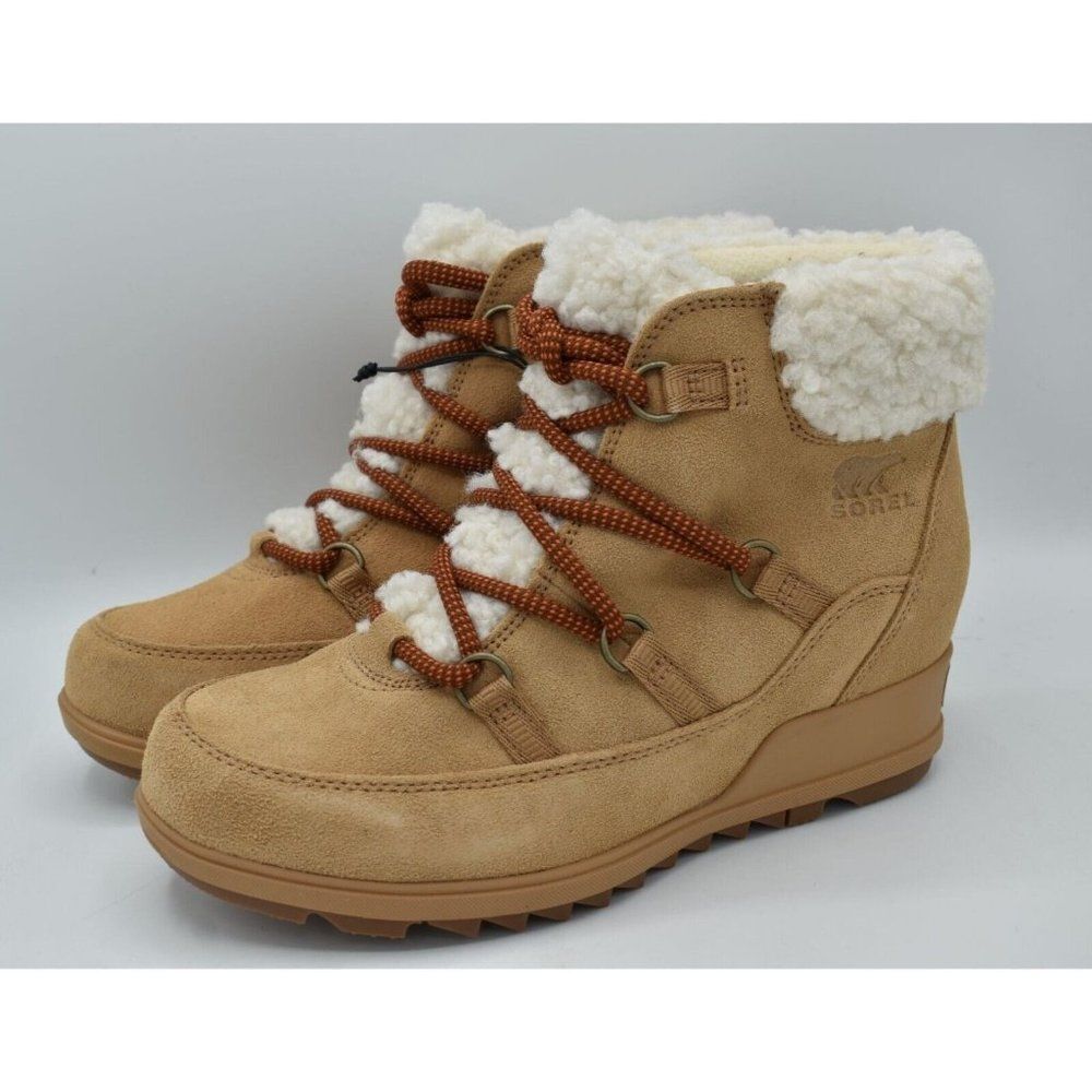 Sorel Womens Size 9.5 Evie Cozy Lace-Up Wedge Tawny Buff Suede Waterproof Boots